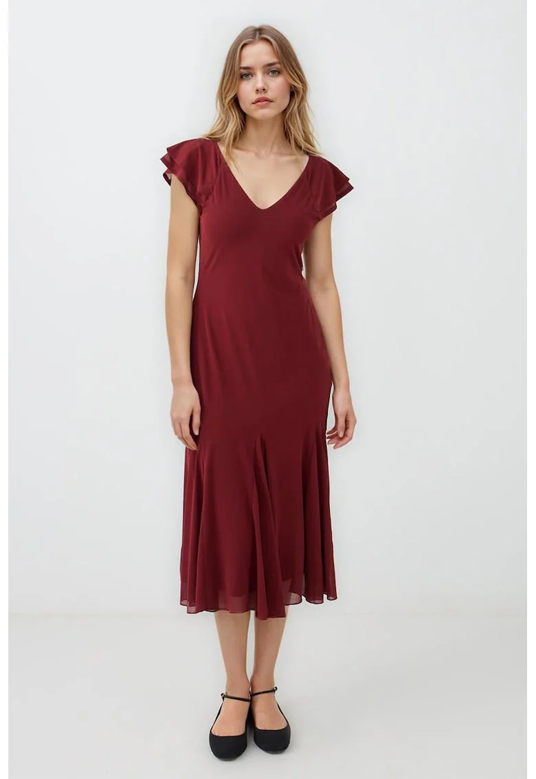 Rochie midi cu decolteu in V, Rosu inchis
