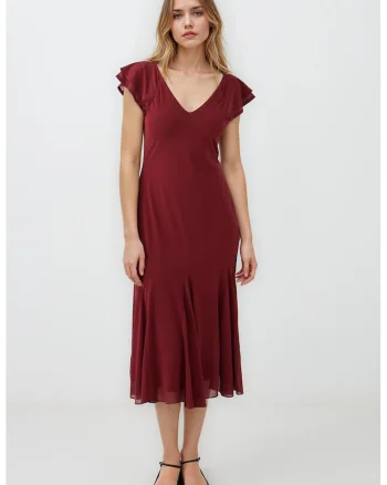 Rochie midi cu decolteu in V, Rosu inchis