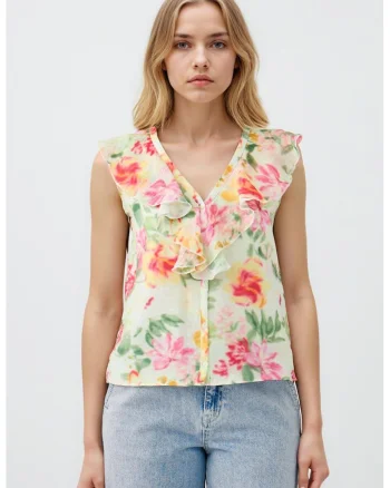Camasa din amestec de lyocell, fara maneci, cu volane, Roz pastel/Verde pal