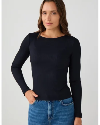 Bluza slim-fit cu decolteu rotund, Negru