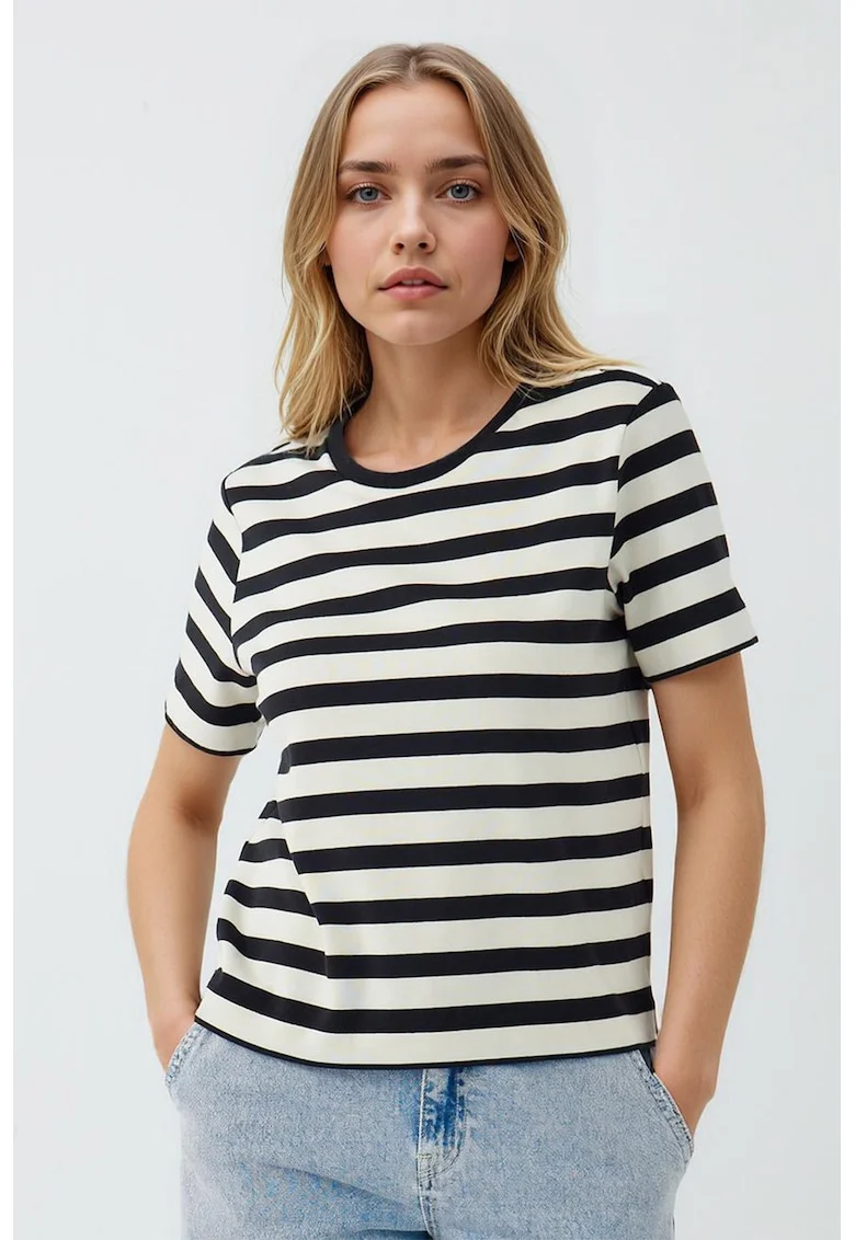 Tricou cu dungi si decolteu la baza gatului, Negru/Alb murdar
