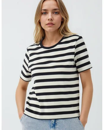 Tricou cu dungi si decolteu la baza gatului, Negru/Alb murdar