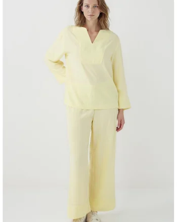 Pantaloni uni cu croiala ampla, Galben pal