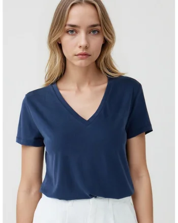 Tricou din amestec de modal cu decolteu in V, Bleumarin