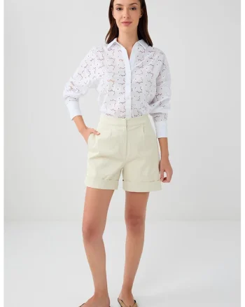 Pantaloni scurti din amestec de modal cu talie inalta, Bej deschis