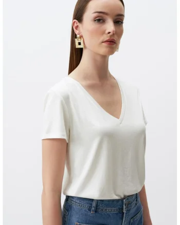 Tricou din amestec de modal cu decolteu in V, Alb murdar