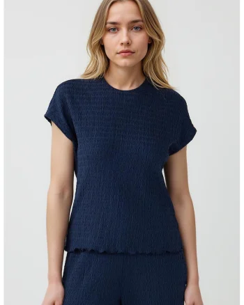 Bluza texturata cu maneci scurte, Bleumarin