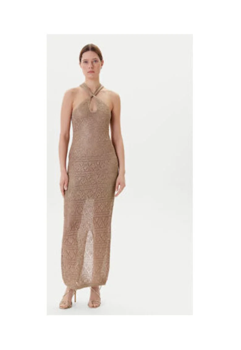 Rochie lunga, tricotata, cu detaliu rasucit, Bej