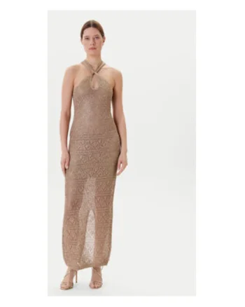 Rochie lunga, tricotata, cu detaliu rasucit, Bej