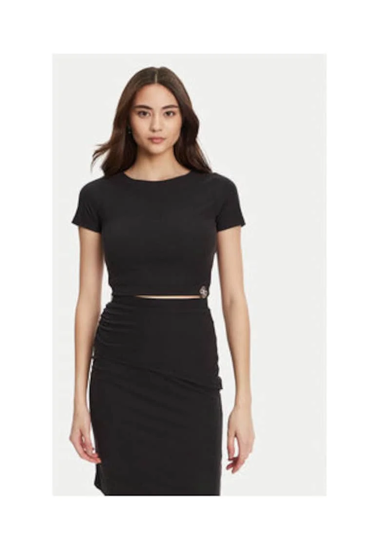 Tricou crop cu decolteu barcuta, Negru
