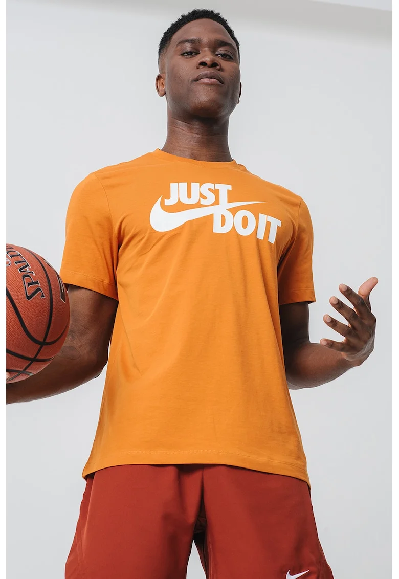 Tricou de bumbac cu imprimeu logo si text Swoosh, Portocaliu/Alb murdar