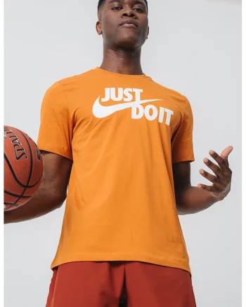 Tricou de bumbac cu imprimeu logo si text Swoosh, Portocaliu/Alb murdar