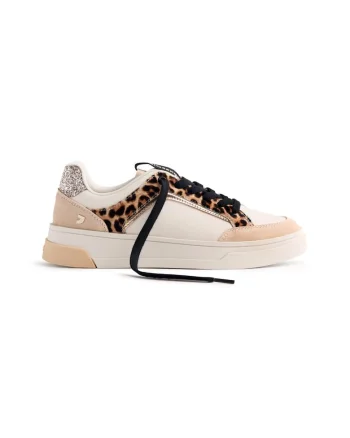 Pantofi sport de piele cu garnituri cu animal print, Maro