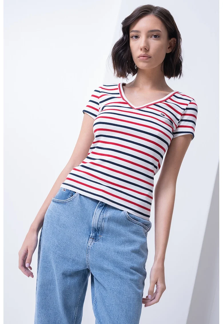 Tricou slim fit cu decolteu in V, Alb/Rosu vermillion/Bleumarin