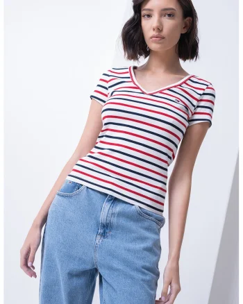 Tricou slim fit cu decolteu in V, Alb/Rosu vermillion/Bleumarin