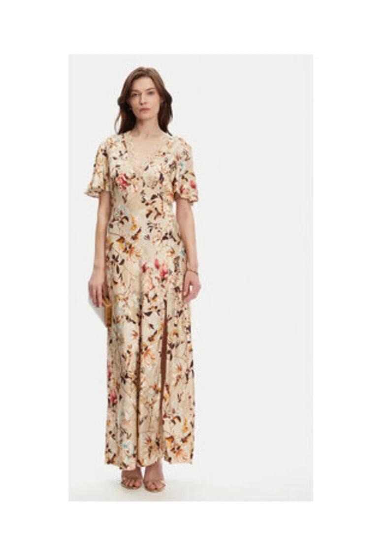 Rochie lunga cu model floral si decolteu in V
