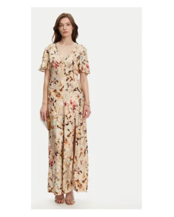 Rochie lunga cu model floral si decolteu in V