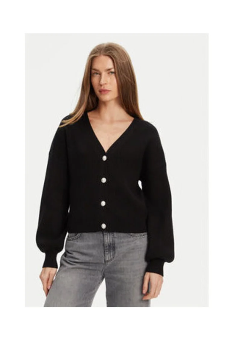 Cardigan relaxed fit din amestec de viscoza cu nasturi bijuterie si decolteu in V