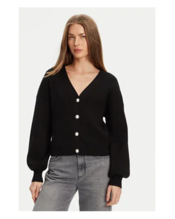 Cardigan relaxed fit din amestec de viscoza cu nasturi bijuterie si decolteu in V