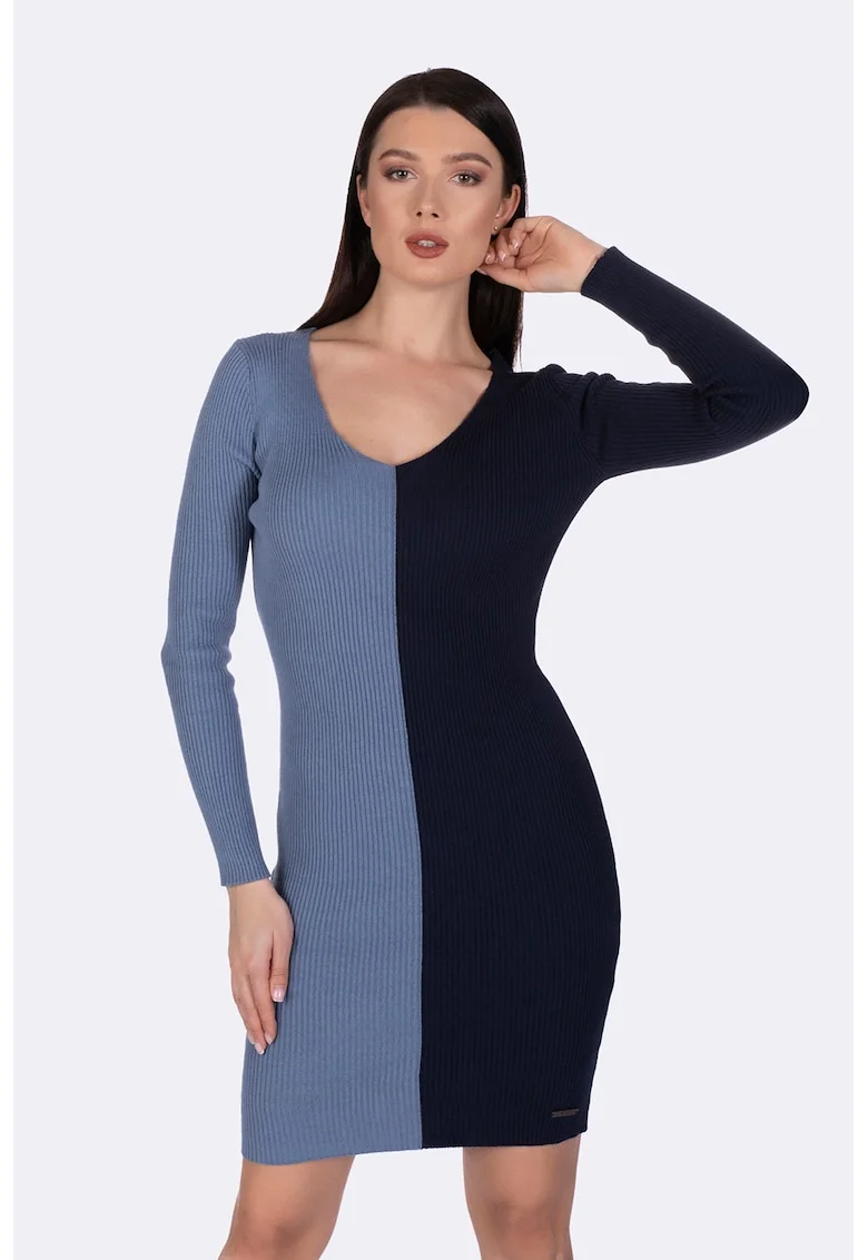 Rochie cu aspect striat si model in doua nuante, Albastru