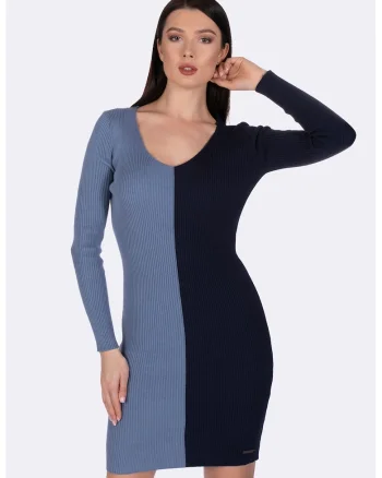 Rochie cu aspect striat si model in doua nuante, Albastru