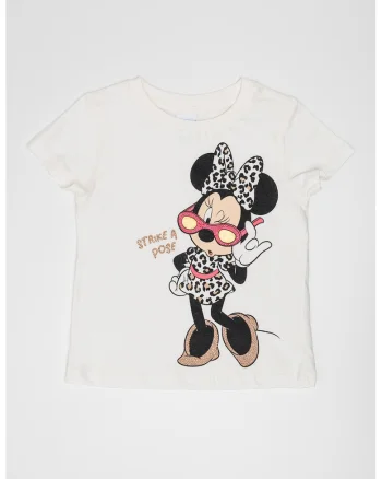 Tricou cu decolteu la baza gatului Minnie Mouse, Alb fildes/Negru