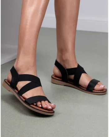 Sandale dama negre din piele cu barete elastice