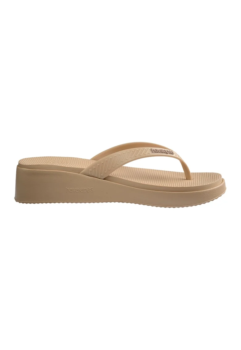 Papuci flip-flop cu talpa wedge si detaliu logo, Nude rose