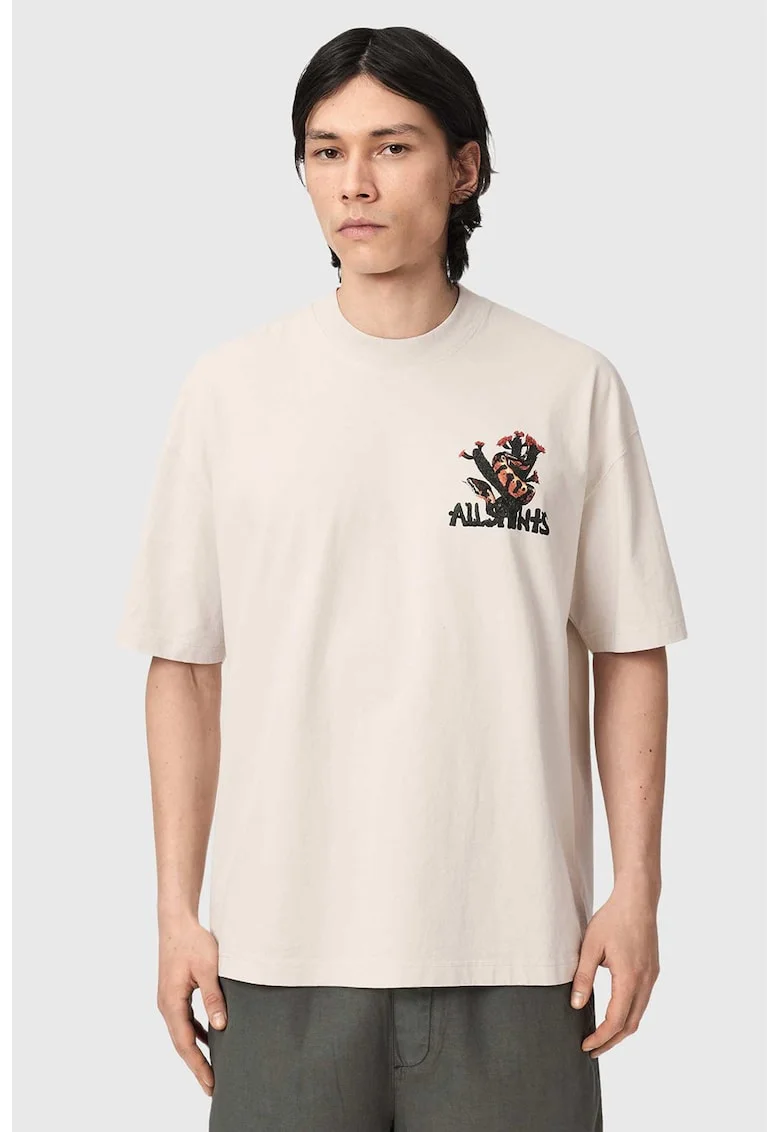 Tricou supradimensionat din bumbac organic cu imprimeu grafic, Gri verzui/Alb murdar/Rosu mac