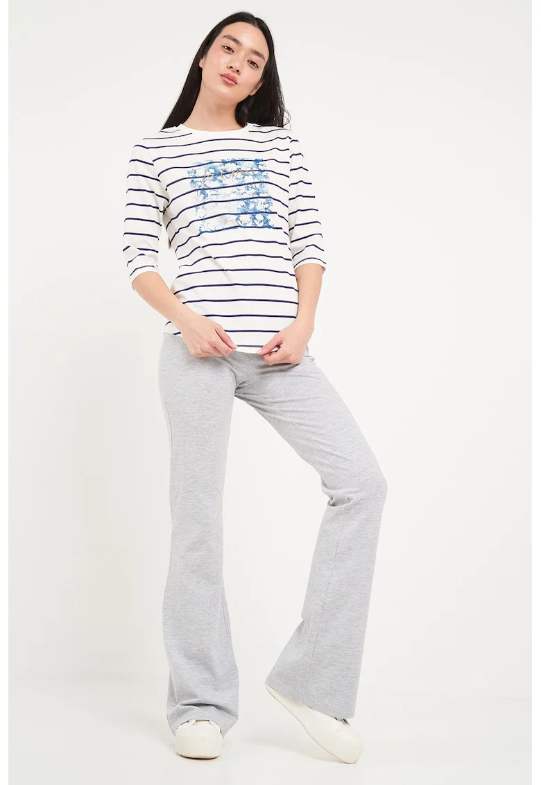 Bluza cu model in dungi si logo, Alb/Albastru inchis