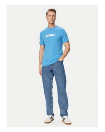 Tricou barbati,  alb si albastru, croiala slim fit, bumbac organic si poliester