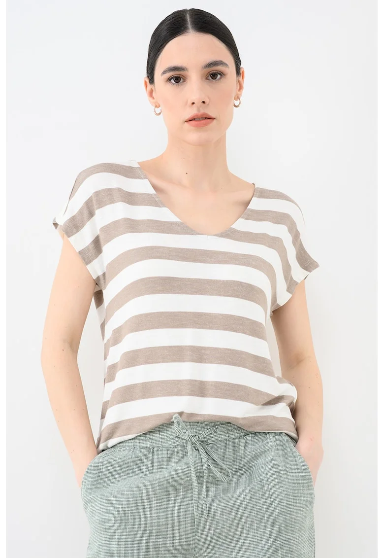 Tricou in dungi cu decolteu in V Lira, Alb/Maro taupe