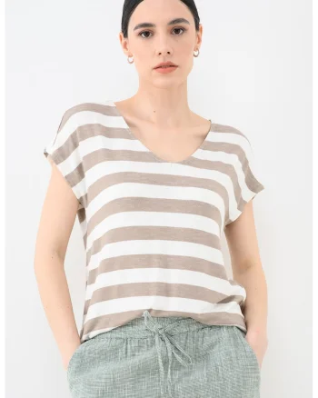 Tricou in dungi cu decolteu in V Lira, Alb/Maro taupe