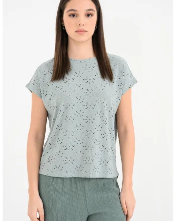 Tricou cu broderie Sangallo Milla, Albastru prafuit