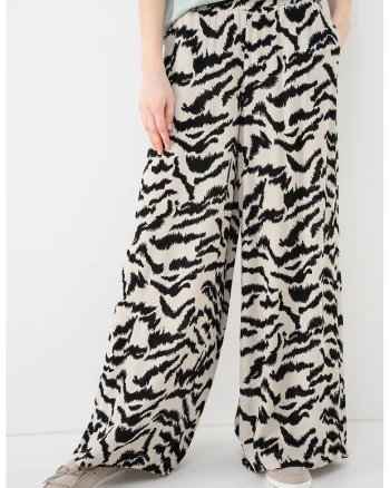 Pantaloni cu croiala ampla si talie inalta, Negru/Grej