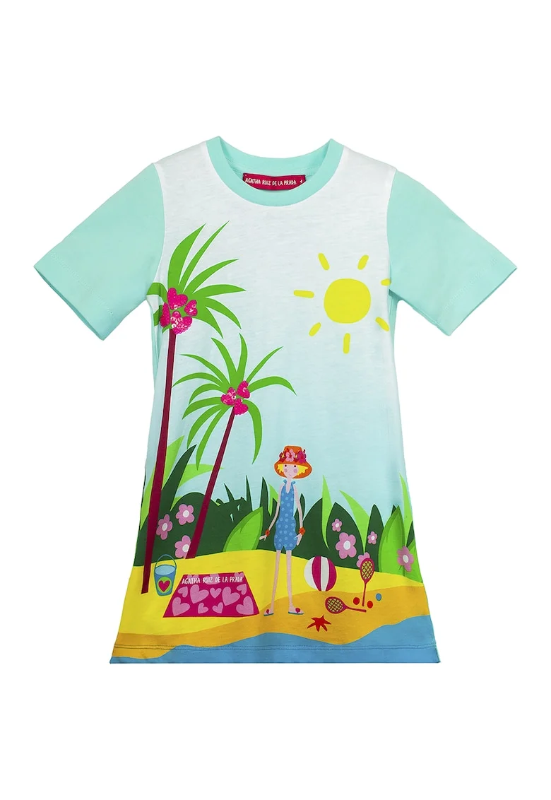 Rochie din bumbac cu croiala dreapta si imprimeu, Verde, Galben, Albastru aquamarin,