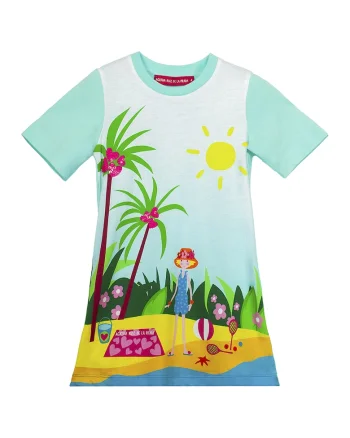 Rochie din bumbac cu croiala dreapta si imprimeu, Verde, Galben, Albastru aquamarin,
