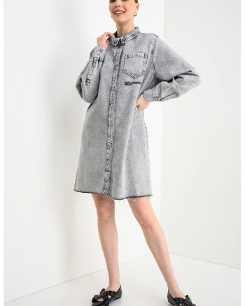 Rochie-camasa din denim cu terminatii nefinisate, Gri