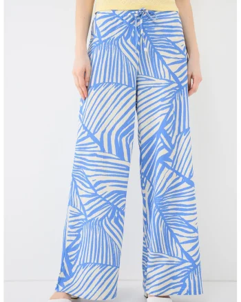 Pantaloni cu croiala ampla si snur, Alb/Albastru deschis