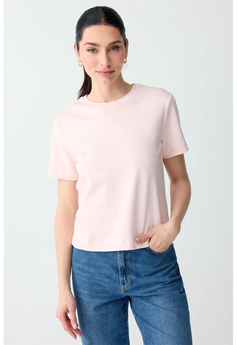 Tricou din bumbac cu decolteu la baza gatului, Roz pastel