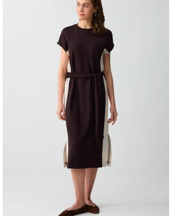 Rochie midi din amestec de modal cu cordon, Maro pamantiu