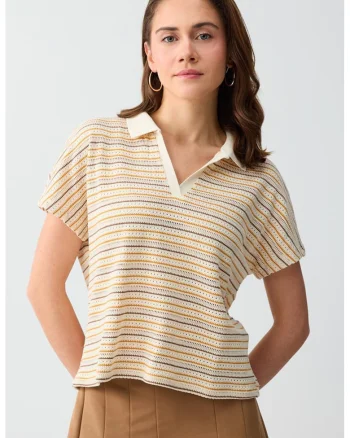 Tricou polo cu dungi, Bej