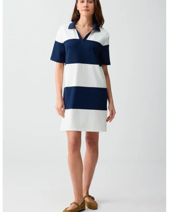 Rochie din amestec de modal cu dungi, Alb optic/Bleumarin