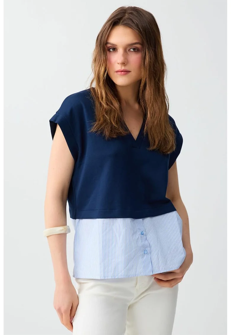 Bluza cu decolteu in V si model petrecut, Albastru pastel/Bleumarin