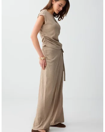 Pantaloni petrecuta cu croiala ampla si dungi, Bej