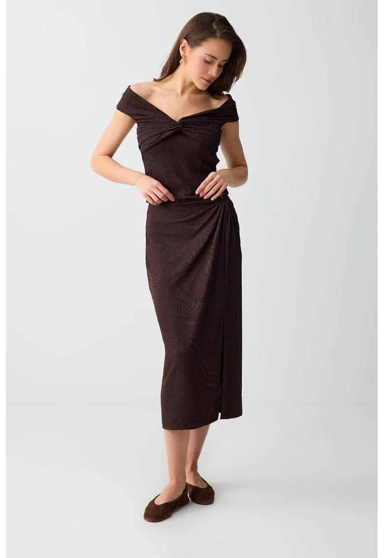 Fusta midi dreapta cu slit lateral, Maro pamantiu