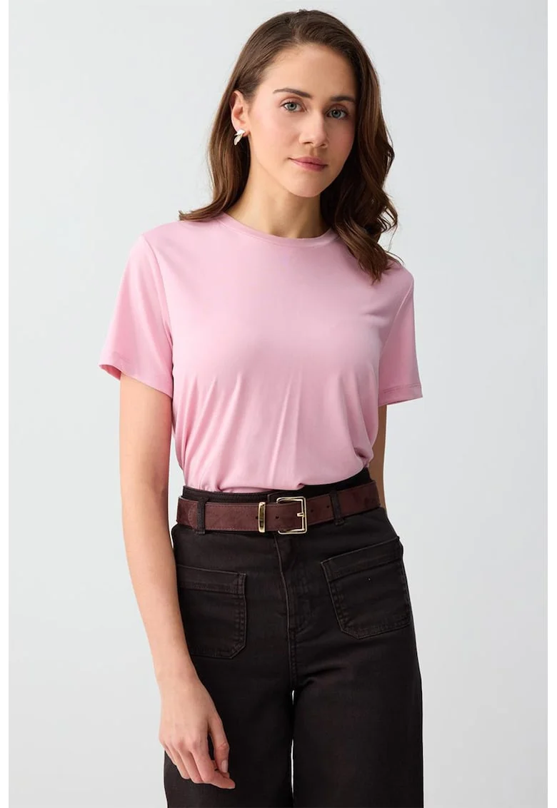 Tricou din amestec de modal cu decolteu la baza gatului, Roz pastel