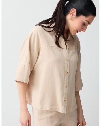 Camasa din tencel cu maneci medii, Bej deschis