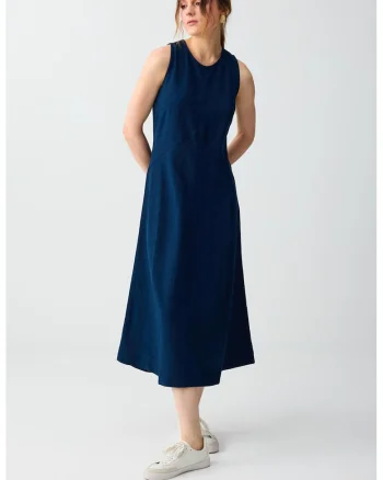Rochie midi din amestec de in fara maneci, Bleumarin