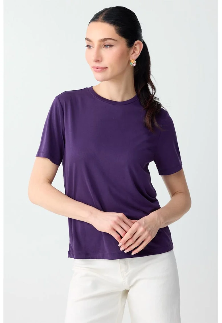 Tricou din amestec de modal cu decolteu la baza gatului, Violet